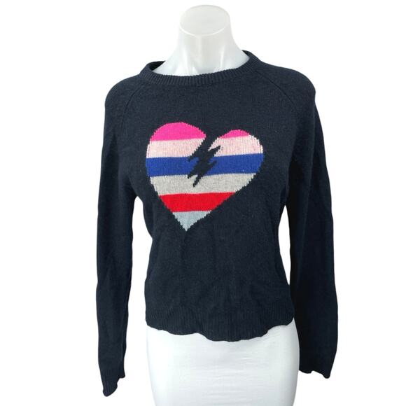 Zadig & Voltaire Baly Bis 100% Cashmere Navy Blue Heart Striped Sweater Top Sz S - Picture 1 of 5